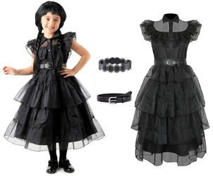 Kostium WEDNESDAY ADDAMS zestaw: sukienka balowa + 2 x pasek włosy rozmiary: 110-152