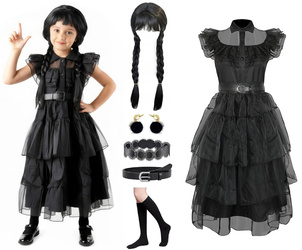 Strój WEDNESDAY ADDAMS sukienka balowa peruka kolczyki podkolanówki rozmiary: 110-152