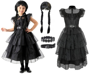 Kostium WEDNESDAY ADDAMS zestaw: sukienka balowa + peruka włosy rozmiary: 110-152