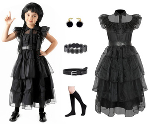 STRÓJ WEDNESDAY ADDAMS SUKIENKA BALOWA KOLCZYKI PODKOLANÓWKI