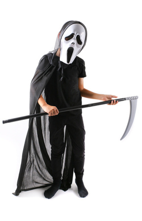 STRÓJ KOSTIUM KRZYK HORROR STRACH HALLOWEEN PELERYNA KOSA MASKA